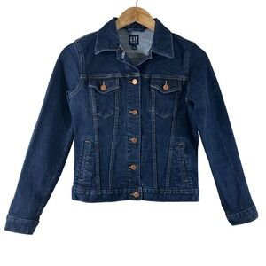 Gap Denim Jacket Womens XS Dark Indigo Blue Stretch Cotton Trucker Jean Jacket